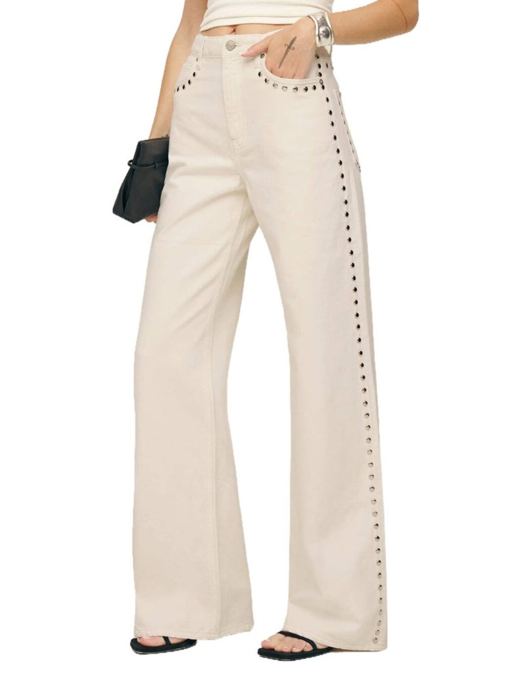 NWT Reformation Cary High Rise Slouchy Wide Leg Jeans Cream Studded 28